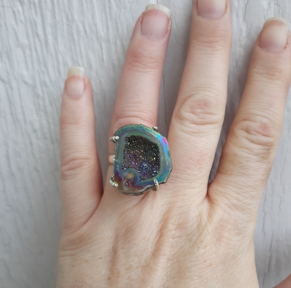 New Titanium Druzy 925 Silver Statement Ring. - Picture 3 of 8